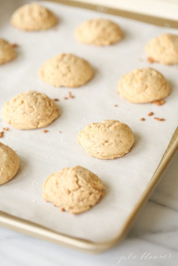 Thick, chewy oatmeal brickle cookies, the perfect texture