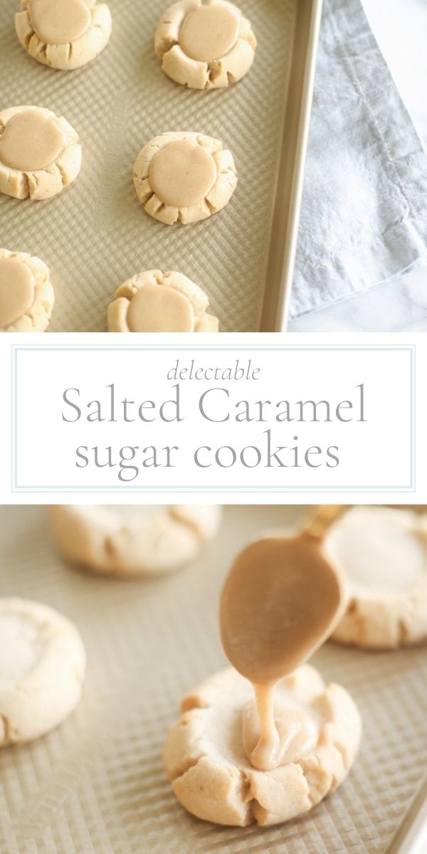 Metal baking sheet with salted caramel cookies