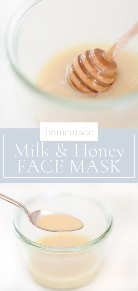 Easy 2 ingredient homemade face mask recipe with milk and honey to moisturize is in a clear round bowl with a spoon.