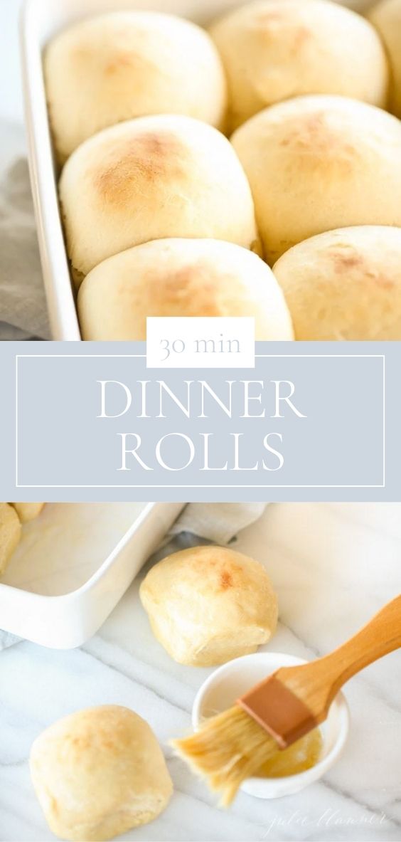 On a marble counter top there is a white baking dish of 30 minute dinner rolls.