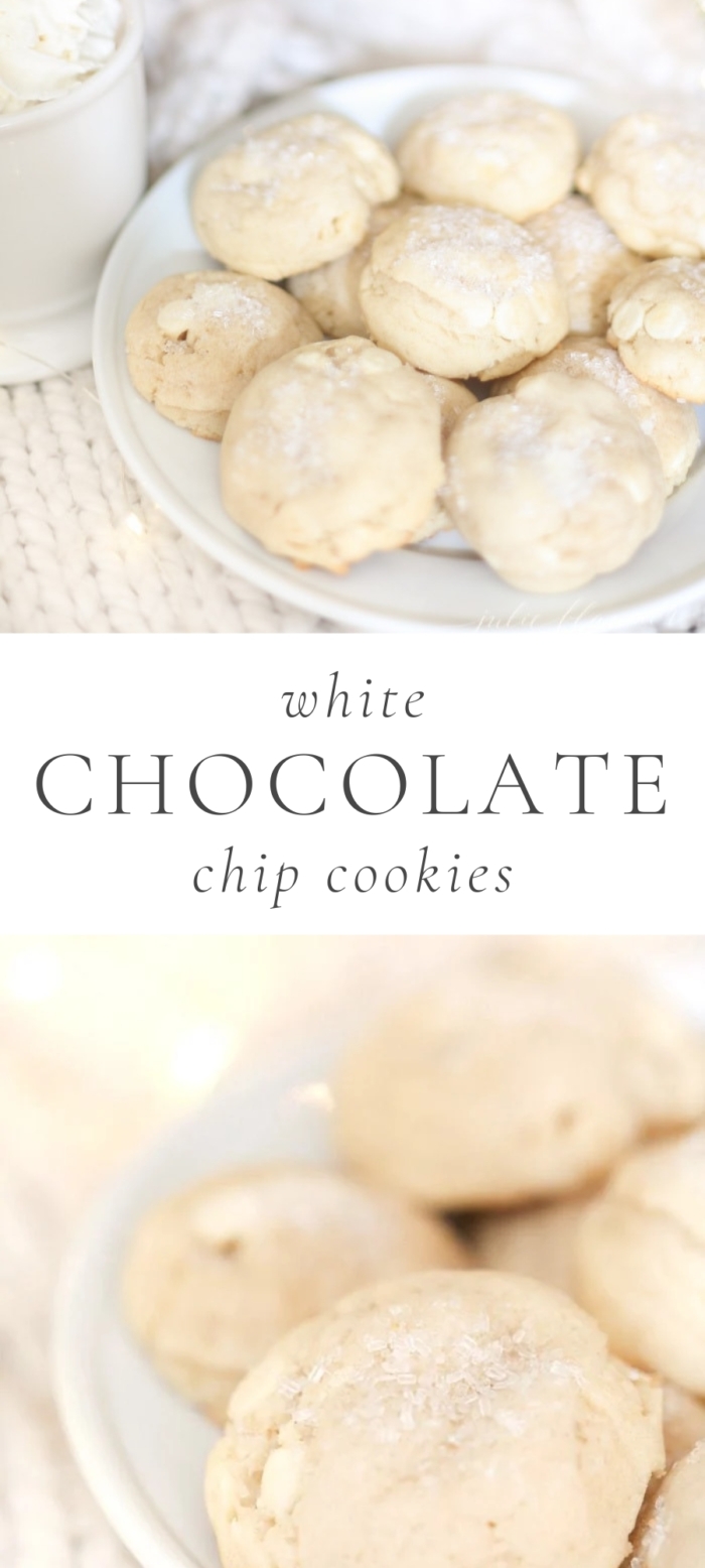 white chocolate chip cookies in white plate