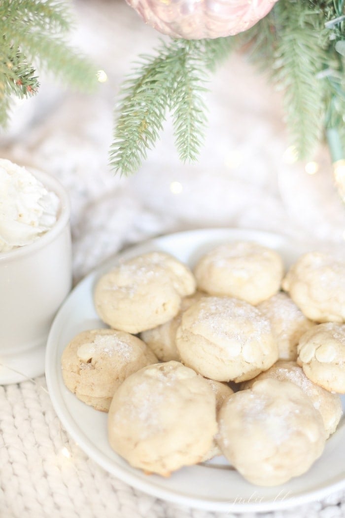 white chocolate cookies under christmas tree