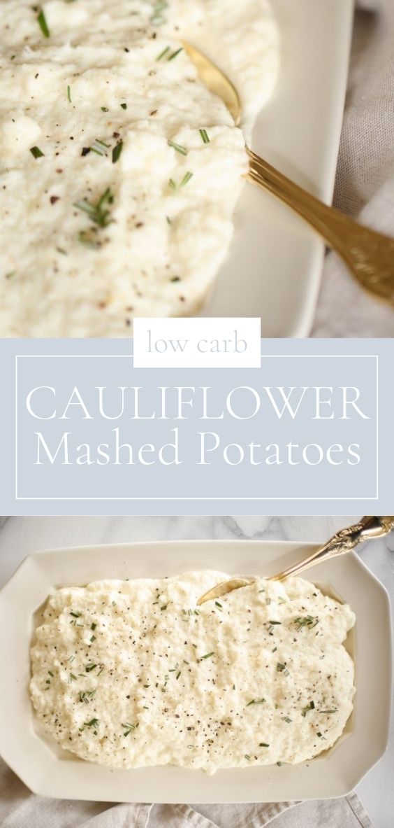 cauliflower mashed potatoes with rosemary in a white platter with gold spoon.