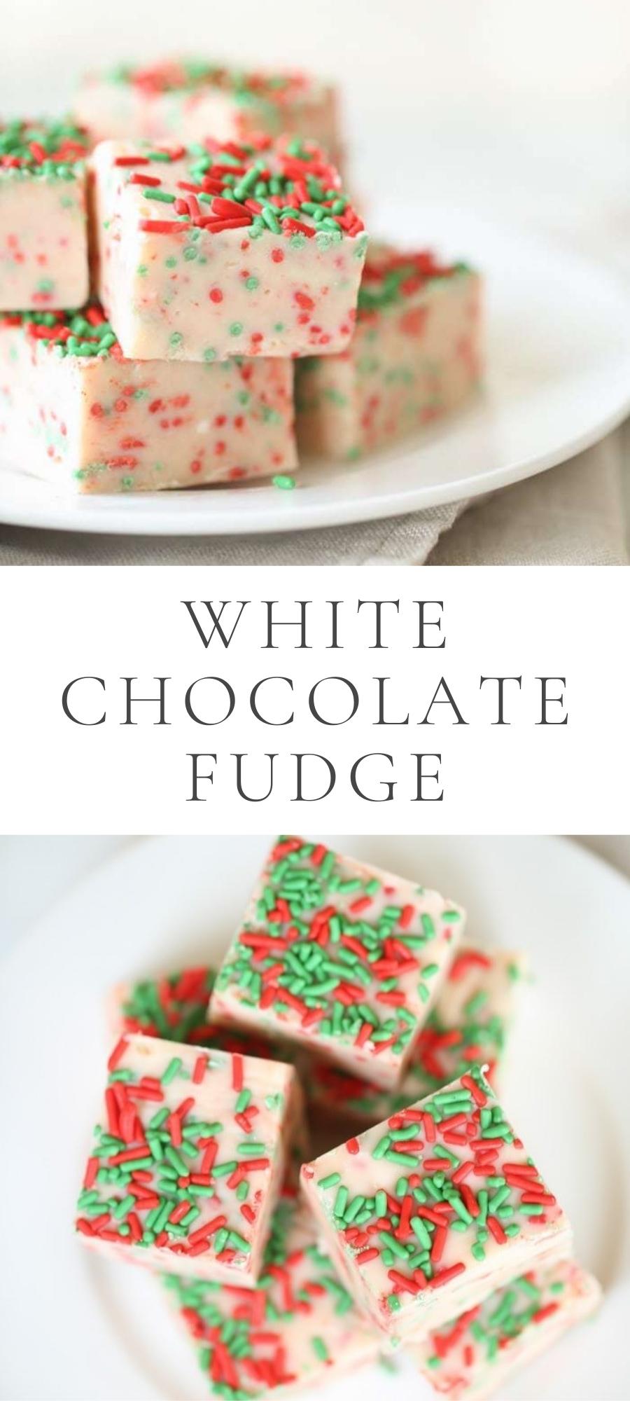 white chocolate fudge with red and green sprinkles in plate