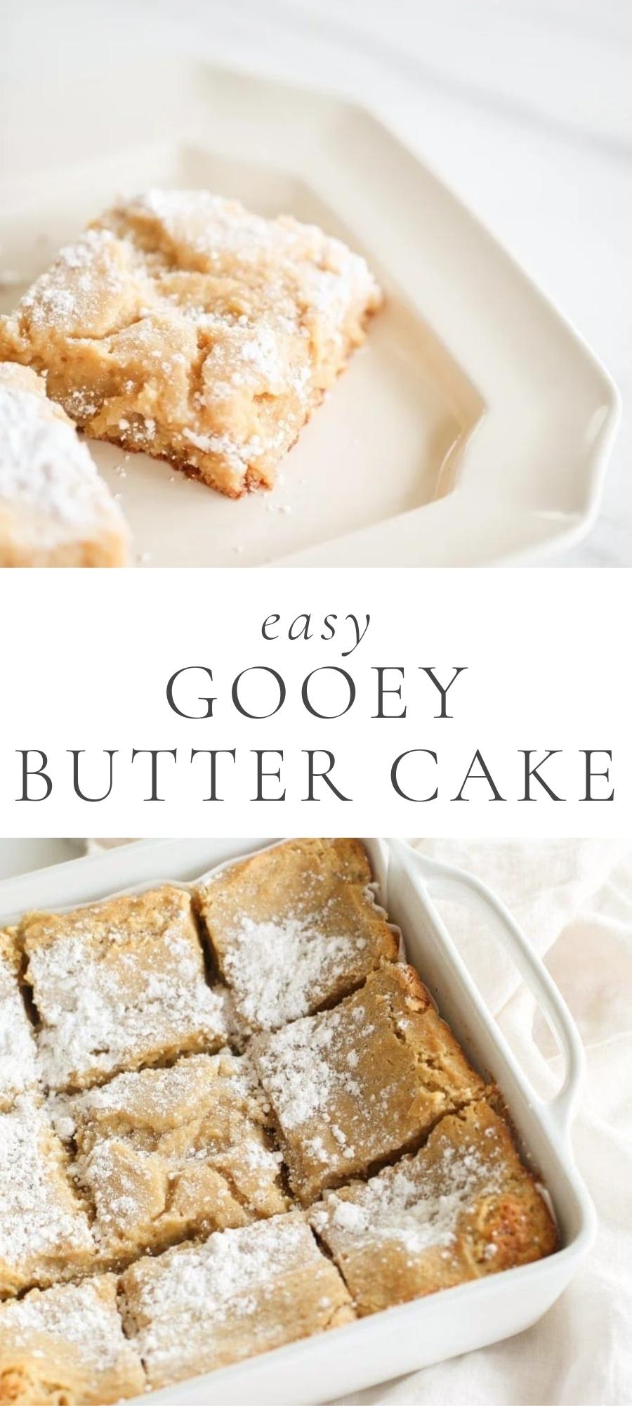 gooey butter cake in white plate and in baking pan