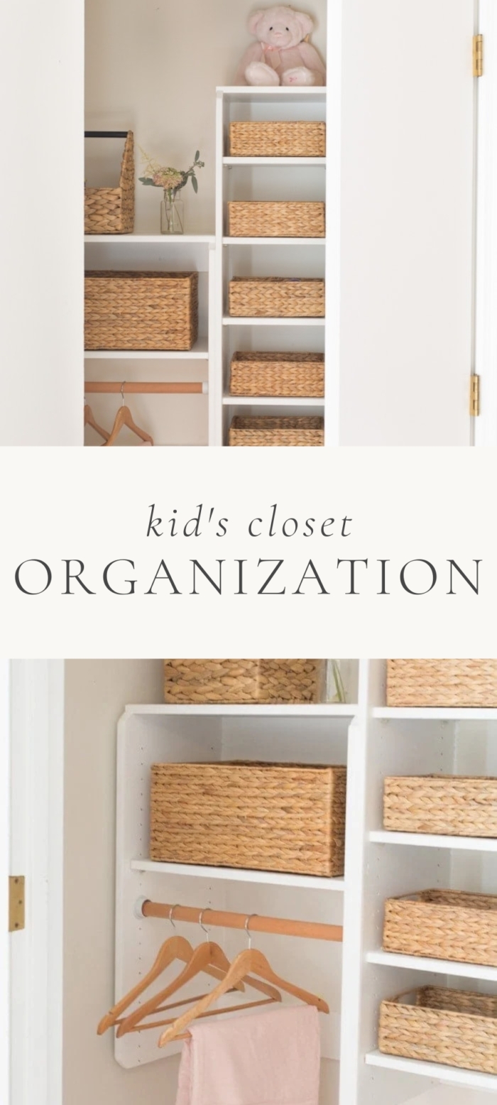 kids closet with rattan baskets and hangers