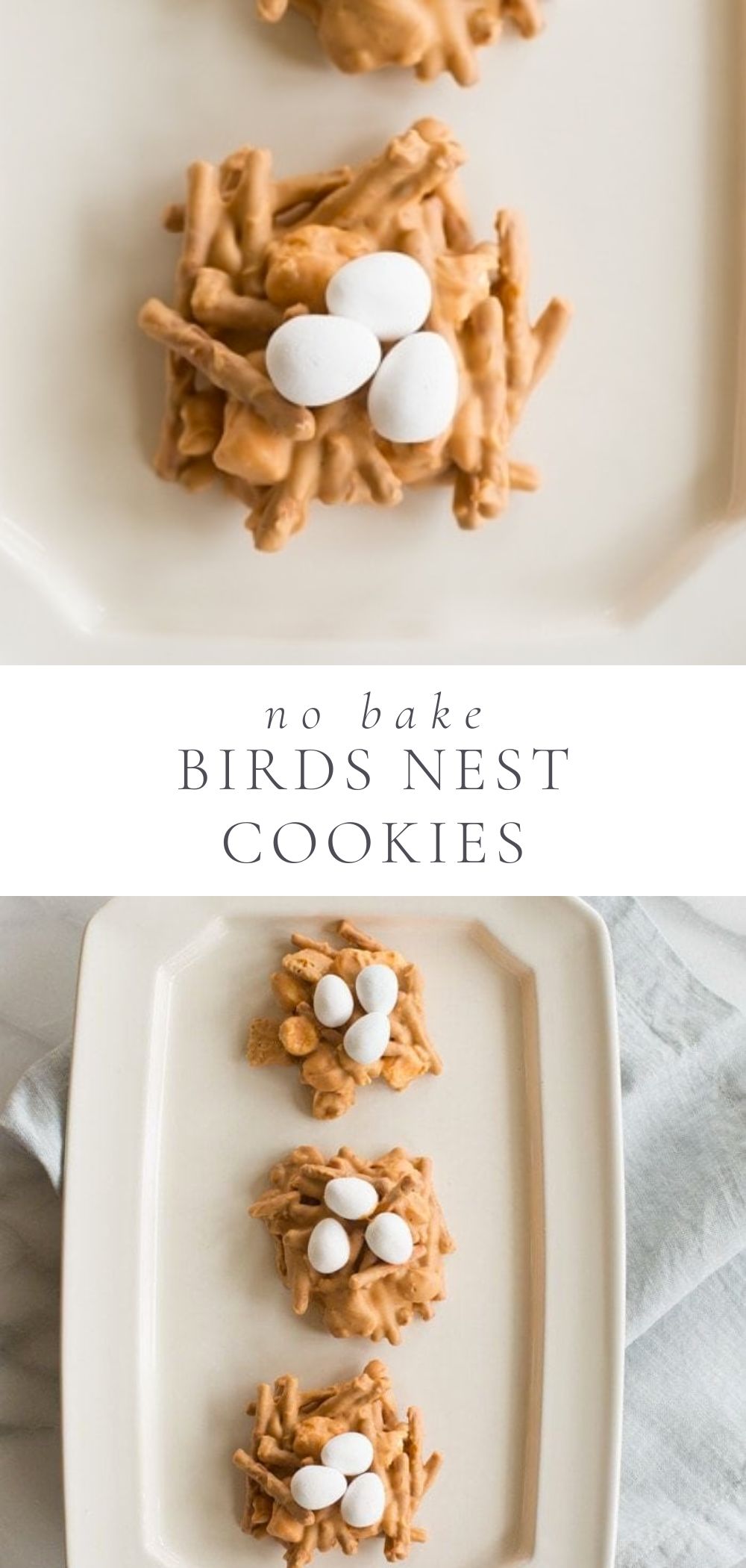 no bake birds next cookies are displayed on a white platter