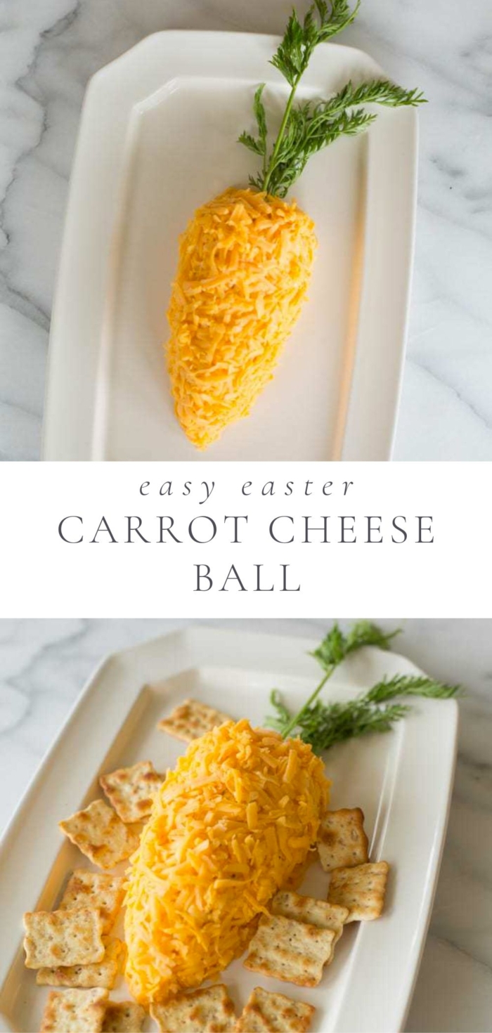 adorable carrot shaped cheeseball is displayed on a white platter