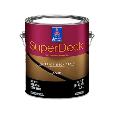 A can of Sherwin Williams SuperDeck deck paint