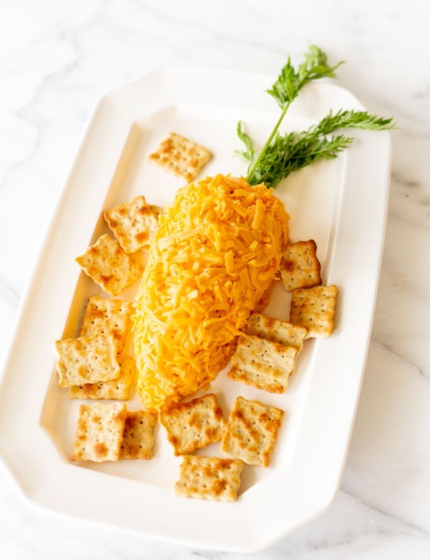 A carrot shaped cheese ball on a white plate, surrounded by crackers.