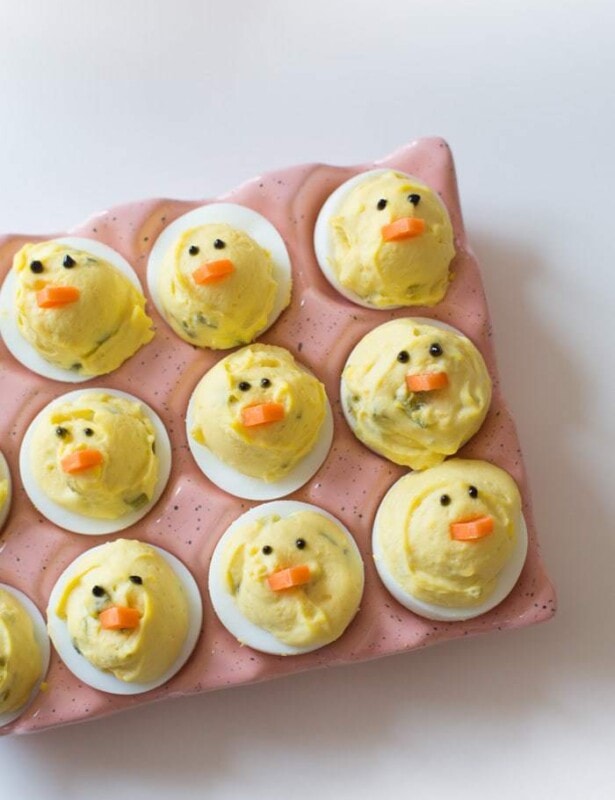 deviled eggs decorated as chicks