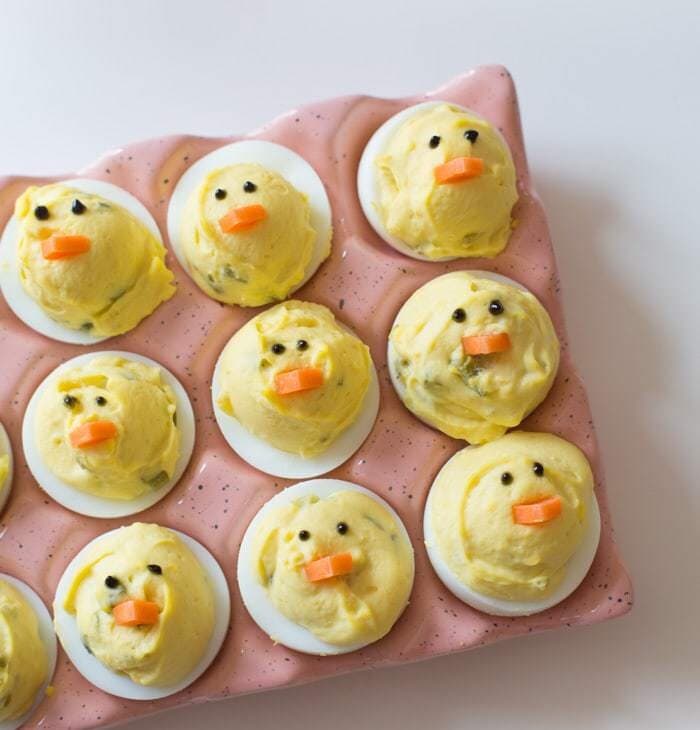 deviled eggs decorated as chicks