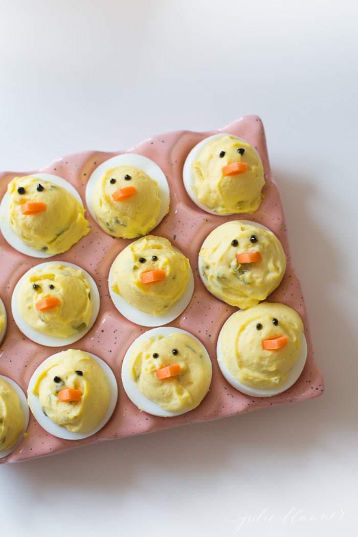 Easter Deviled Eggs decorated as chicks