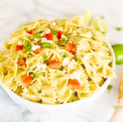 mexican pasta salad in white bowl