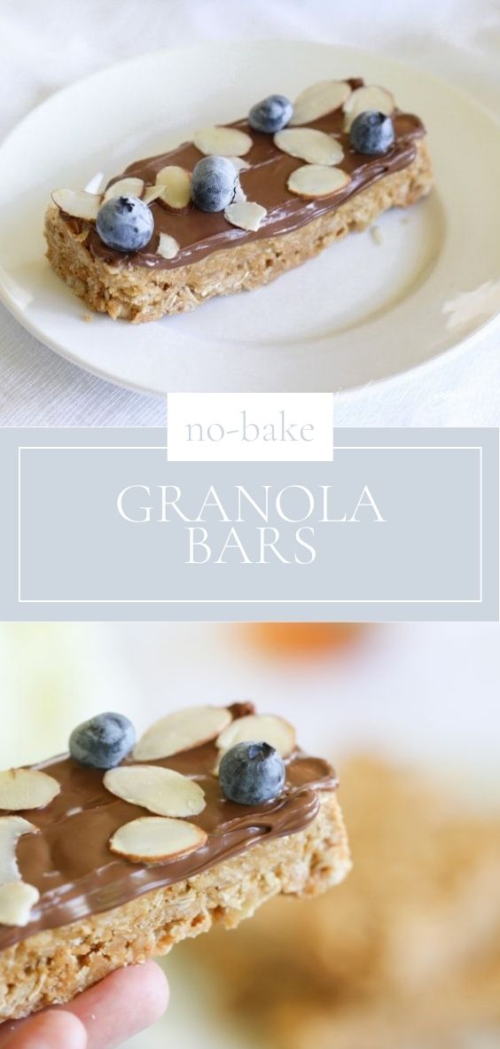 no bake granola bar is pictured topped with sliced almonds and blueberries.