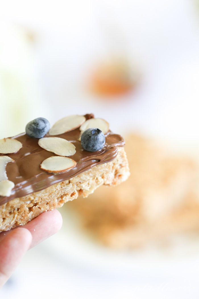 Close up of a granola bar with toppings