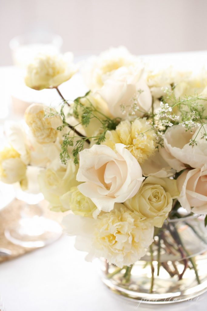 gorgeous blush centerpiece with peonies, roses and herbs for beginners