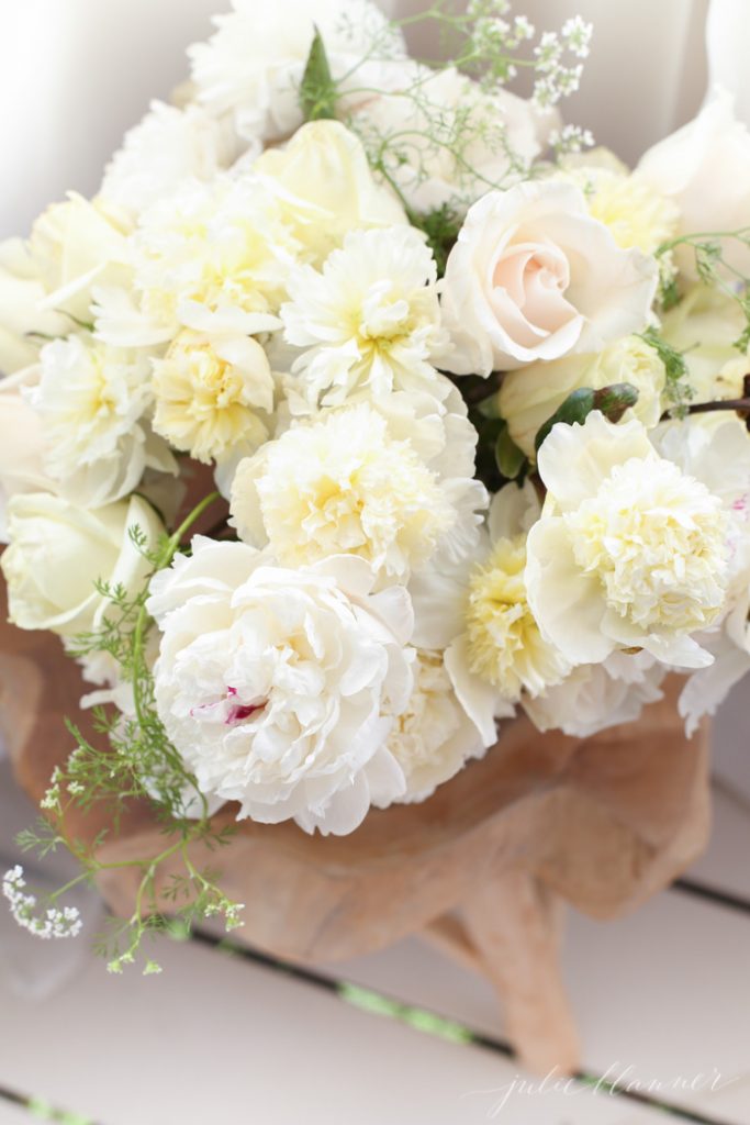 gorgeous blush centerpiece with peonies, roses and herbs for beginners