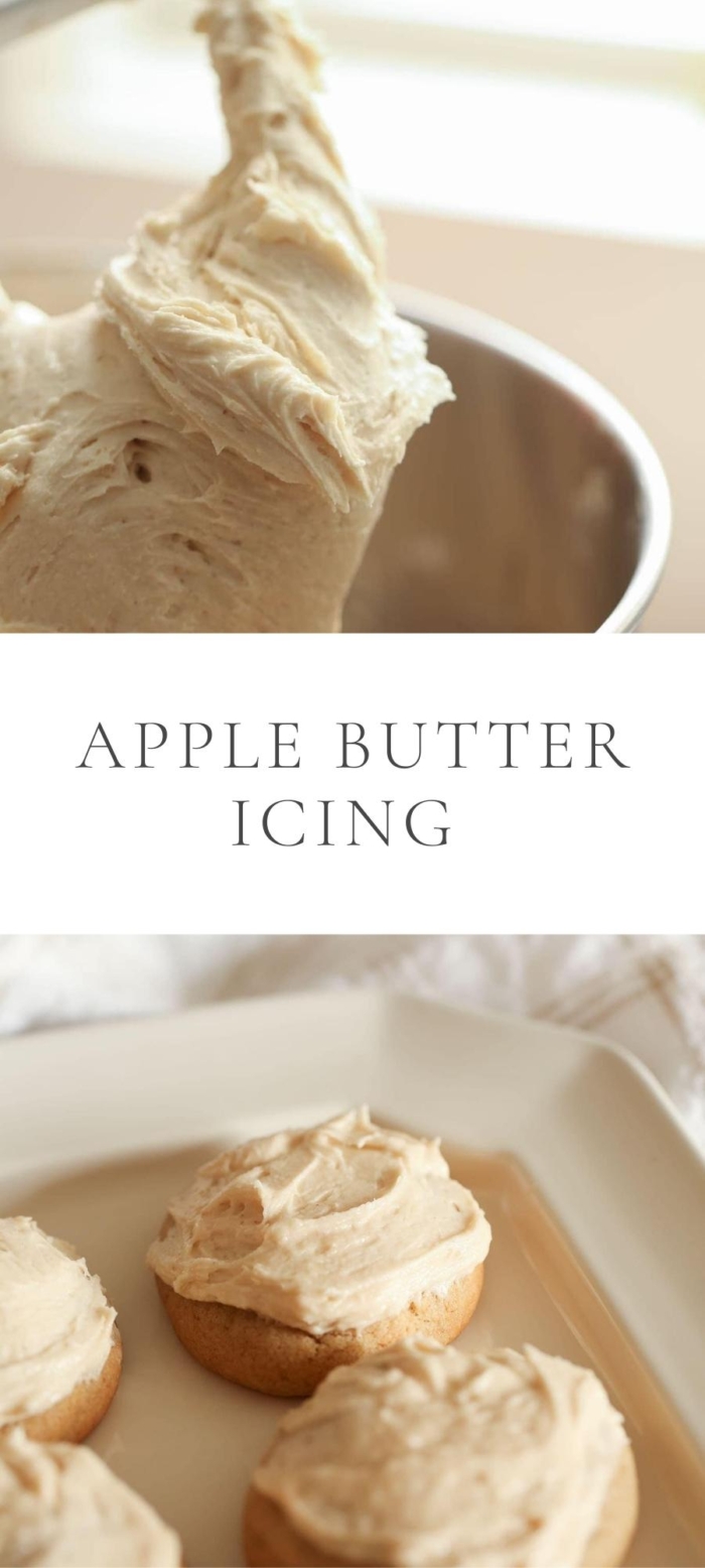 apple butter icing in mixer and on cookies on baking sheet