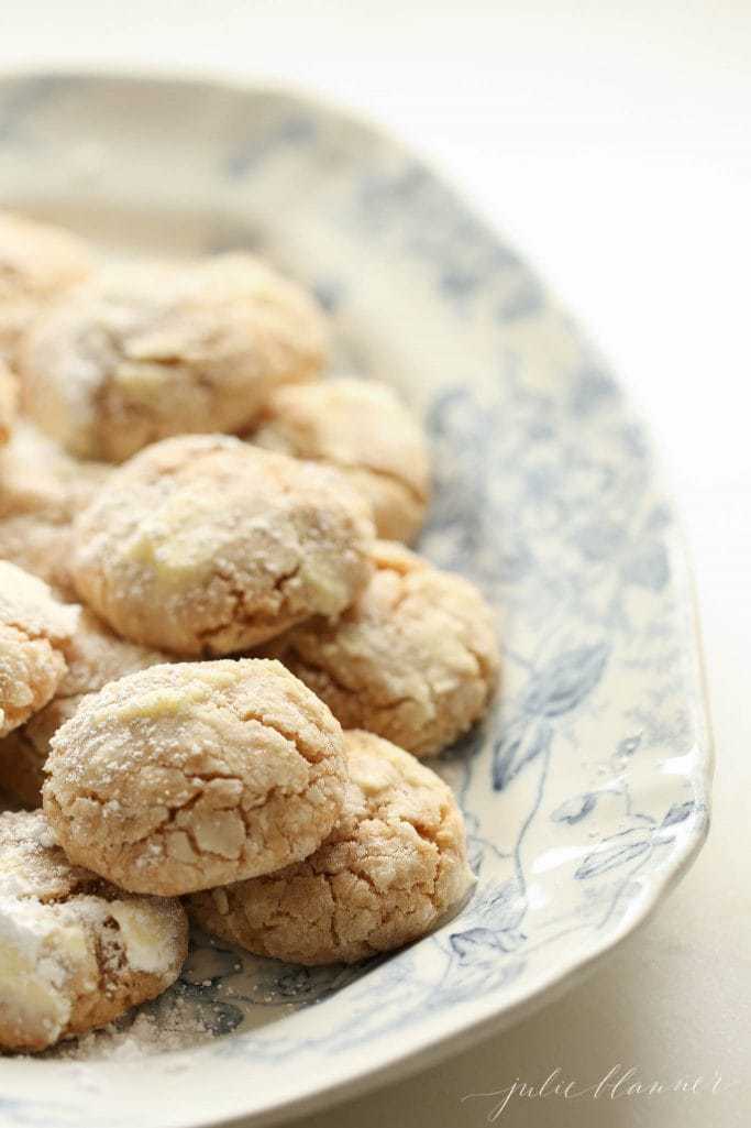 crinkle cookies on a blue and white plate