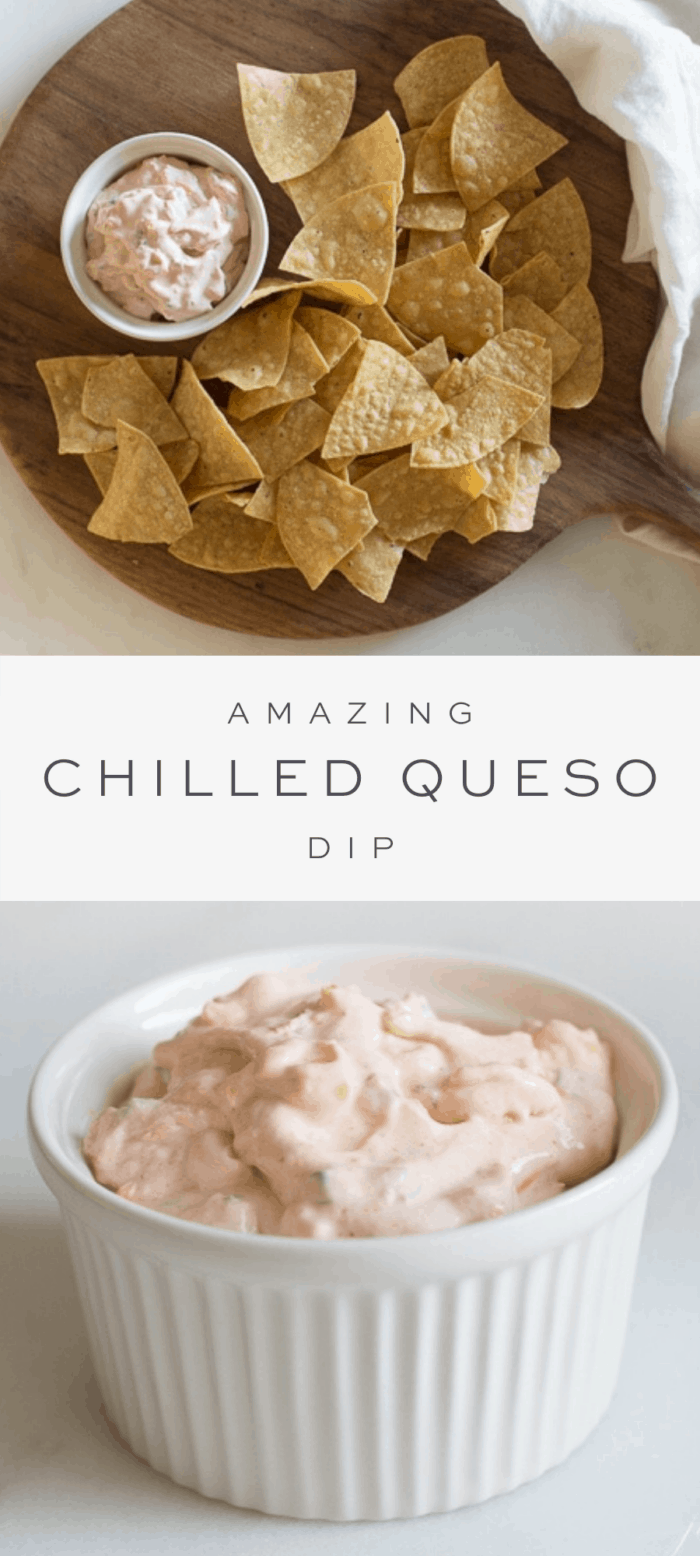 chilled queso with chips on wooden serving board, overlay text, close up of chilled queso in ceramic dish
