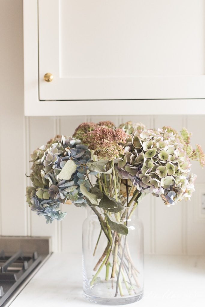 dried flower arrangement with hydrangea and sedum