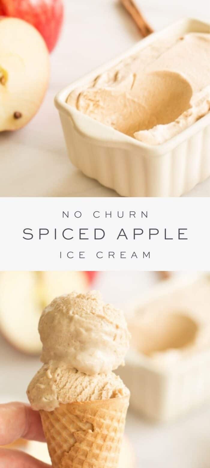 spiced apple ice cream in loaf pan missing a scoop, overlay text, spiced apple ice cream in ice cream cone