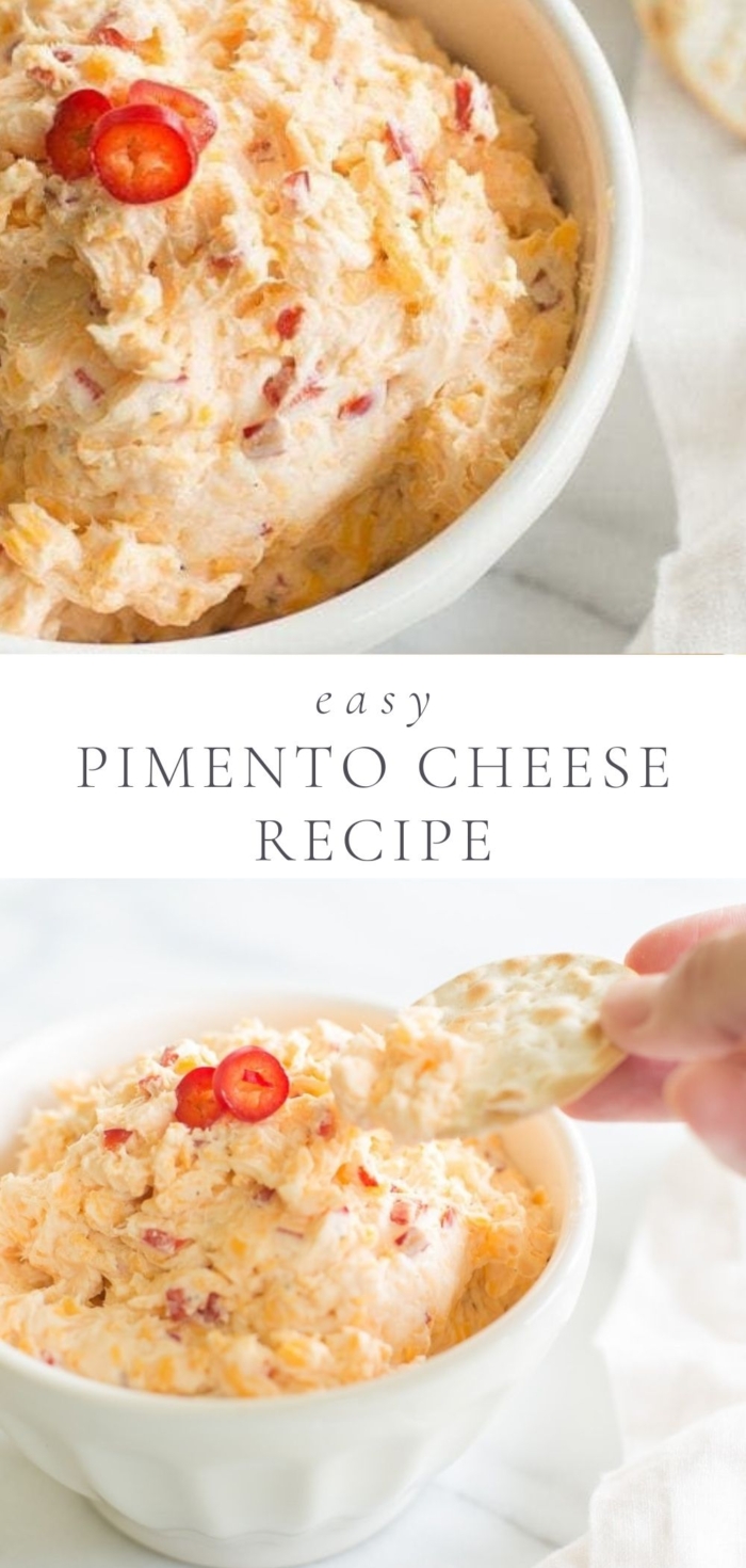 Two pictures of pimento cheese in a serving bowl with a napkin behind