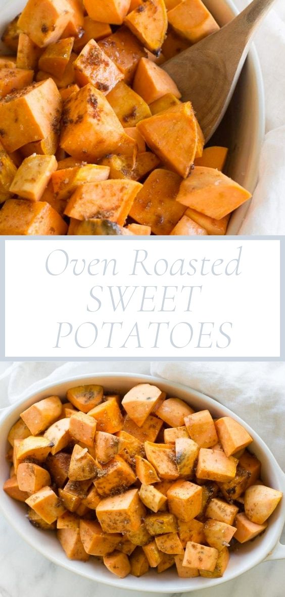 In a oval baking dish, there is diced oven roasted, sweet potatoes!