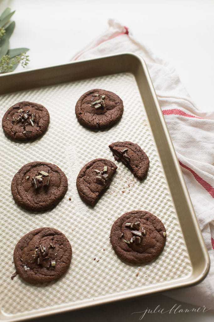 easy chocolate mint cookies recipe stuffed with andes candy on baking sheet