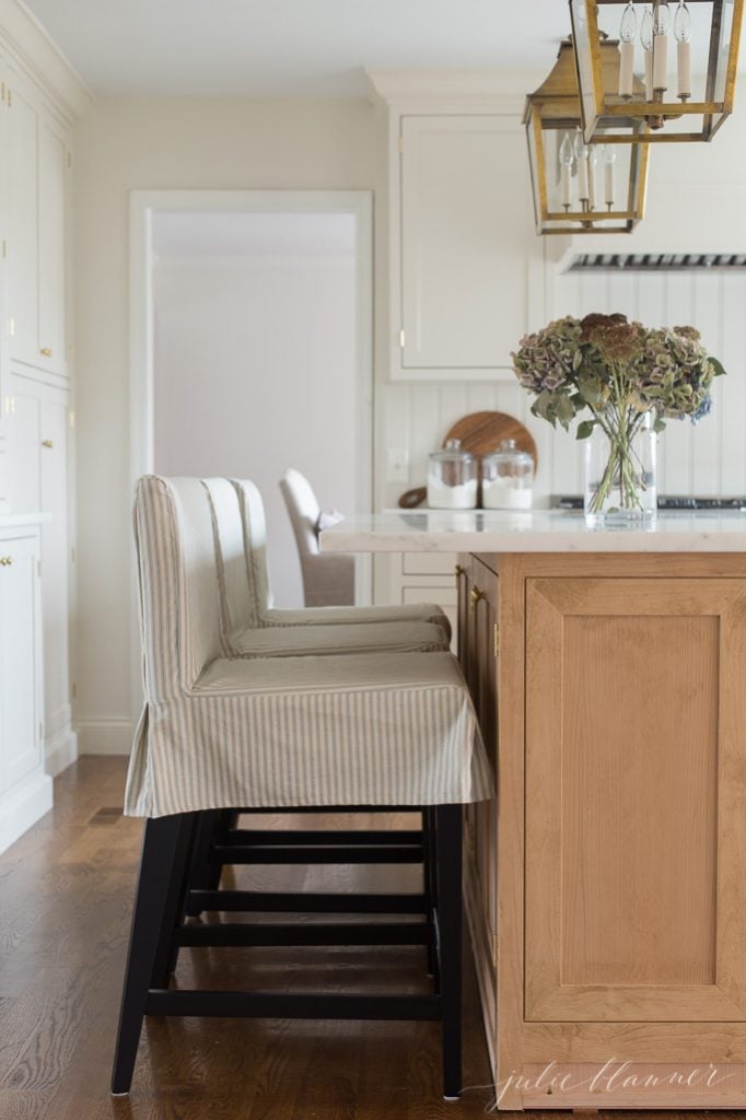 kitchen counter stools from ikea with custom ticking stripe slipcovers