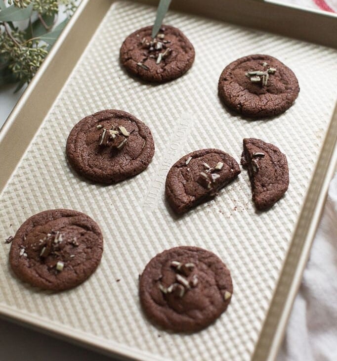 chewy chocolate mint cookies with andes candy on baking sheet