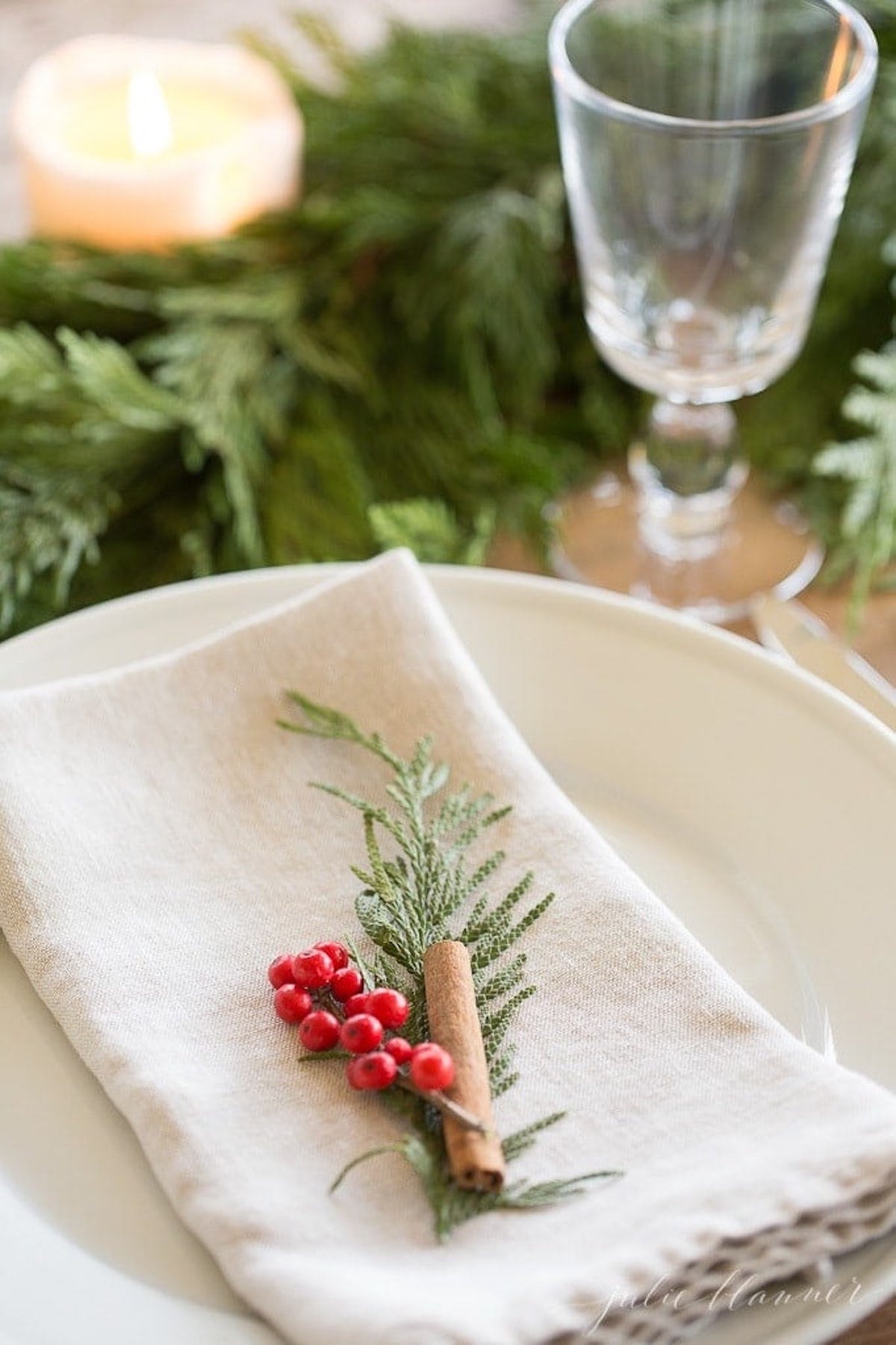 A napkin with a garland of red berries on it.
