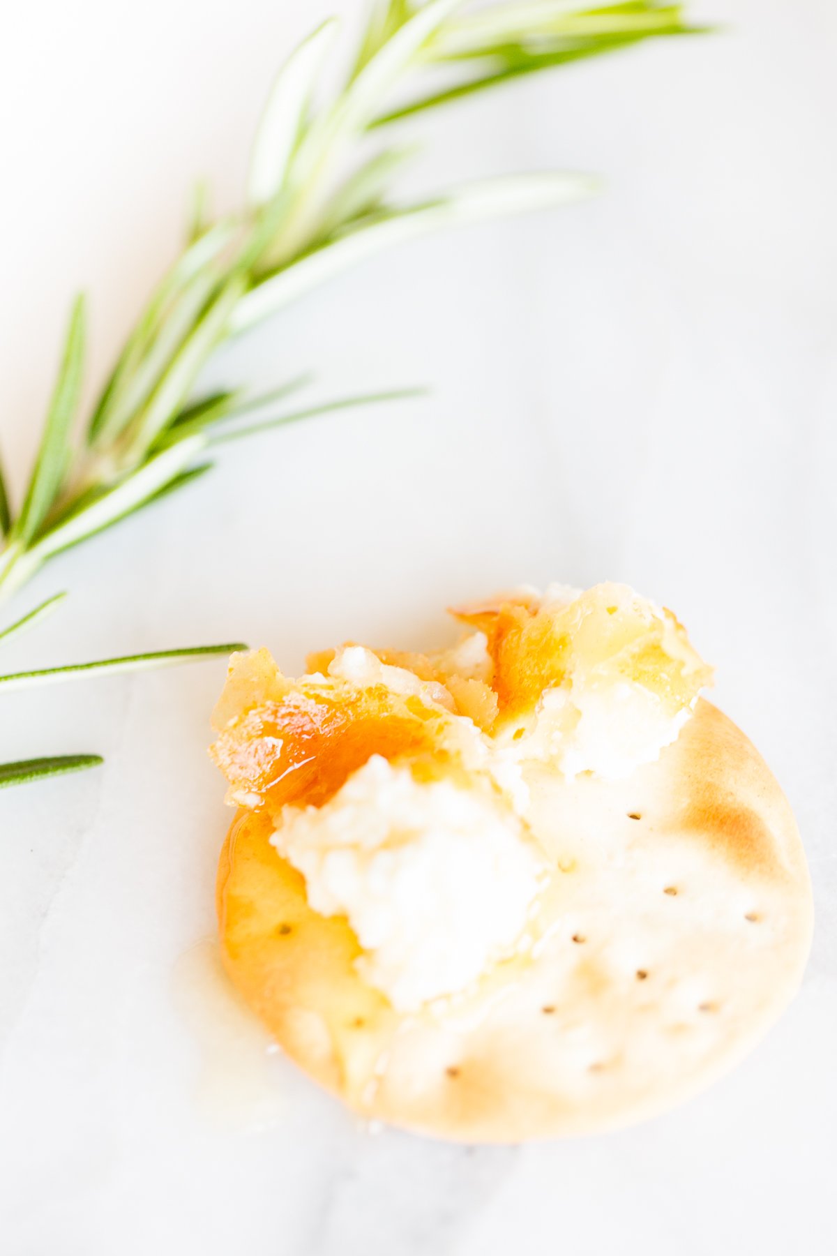 Goat cheese on a cracker with a stem of rosemary to the side