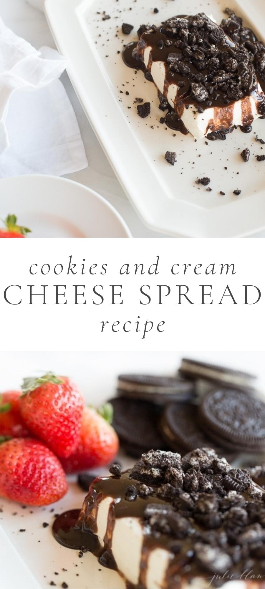 cookies and cream cheese spread on plate next to white napkin with strawberries and cookies