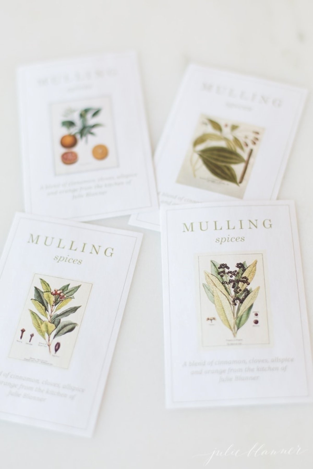 printable mulling spices labels laid out on a marble surface