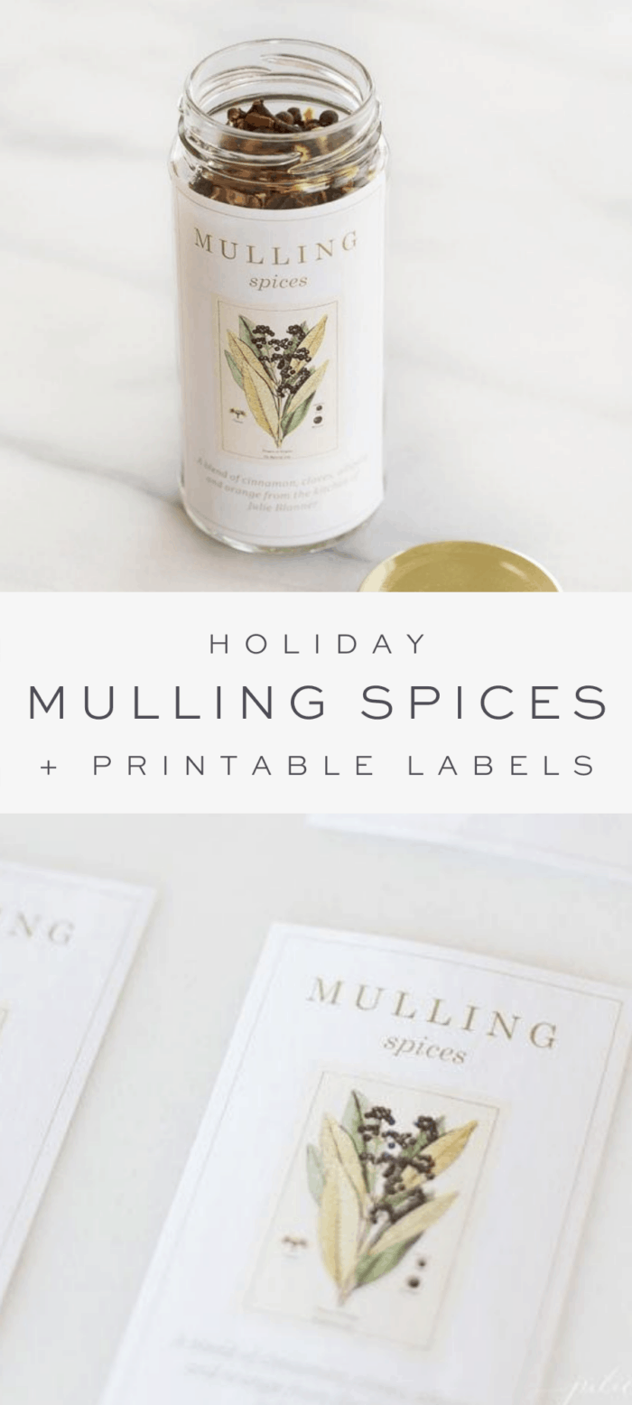 mulling spices in clear jar with homemade label, overlay text, homemade printable mulling spices label
