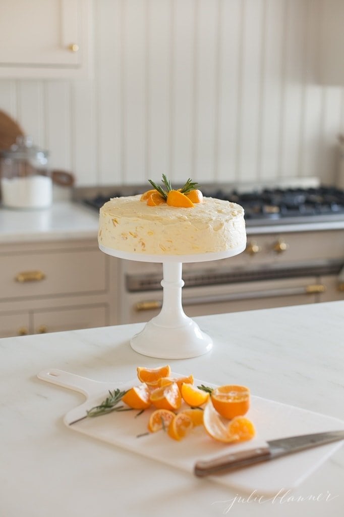 Mandarin Orange Cake on cake stand