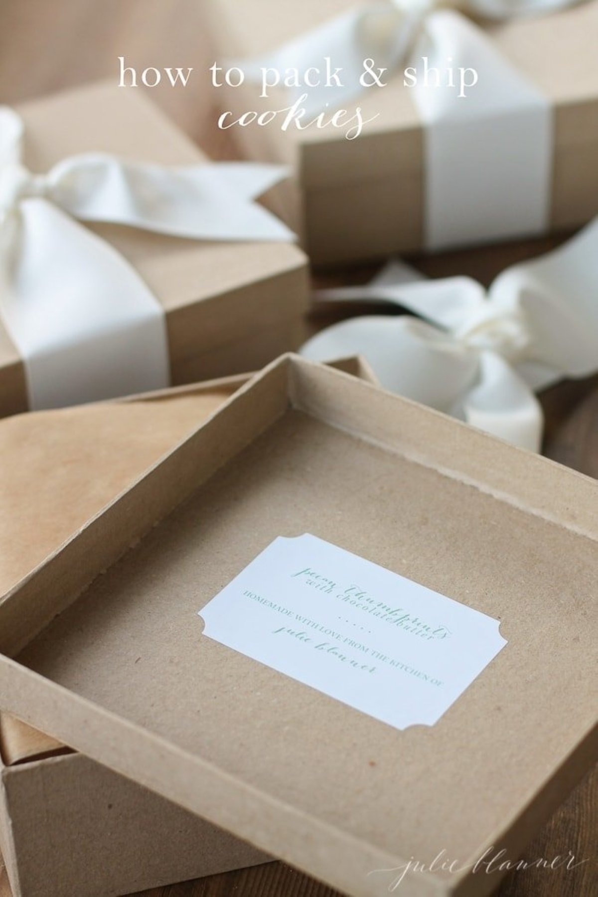 Brown kraft paper boxes tied with white satin bows. One box is open with a tag about cookies, text overlay reads "How to package and ship cookies"