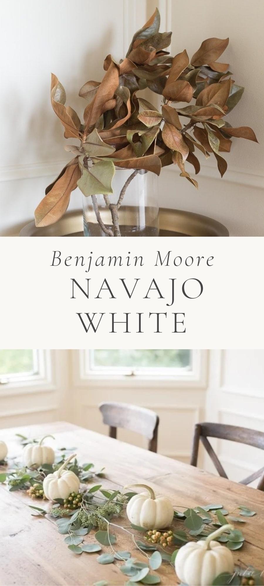 Benjamin Moore Navajo White paint color with fall decor
