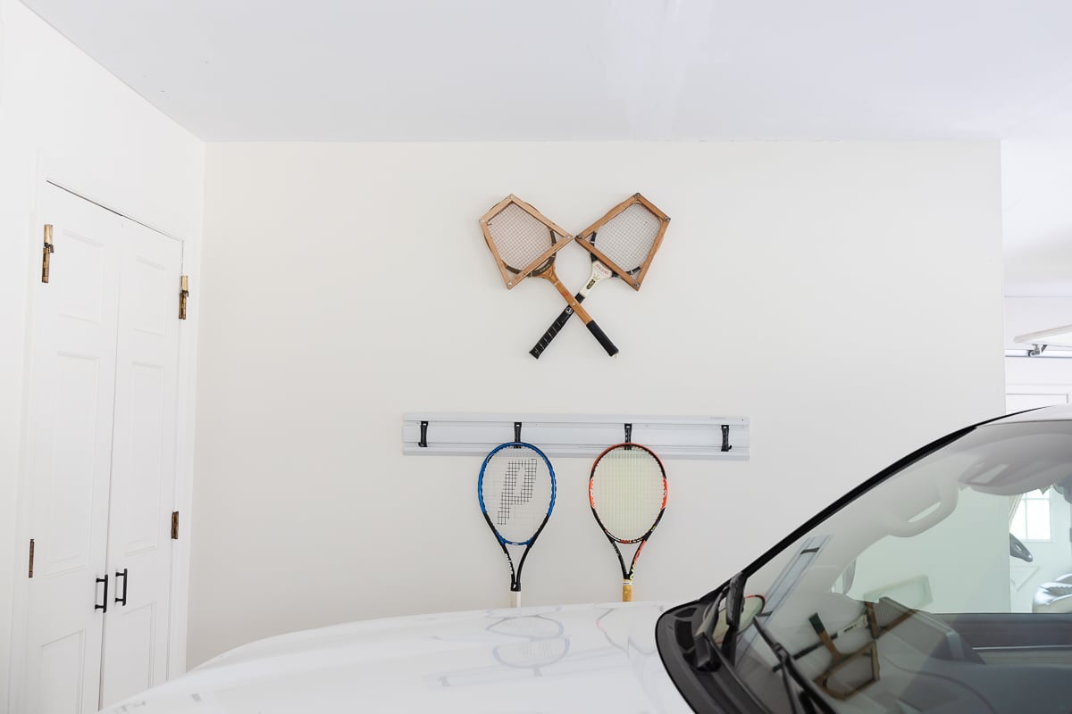 A garage painted in a cream paint color, Farrow and Ball White Tie.