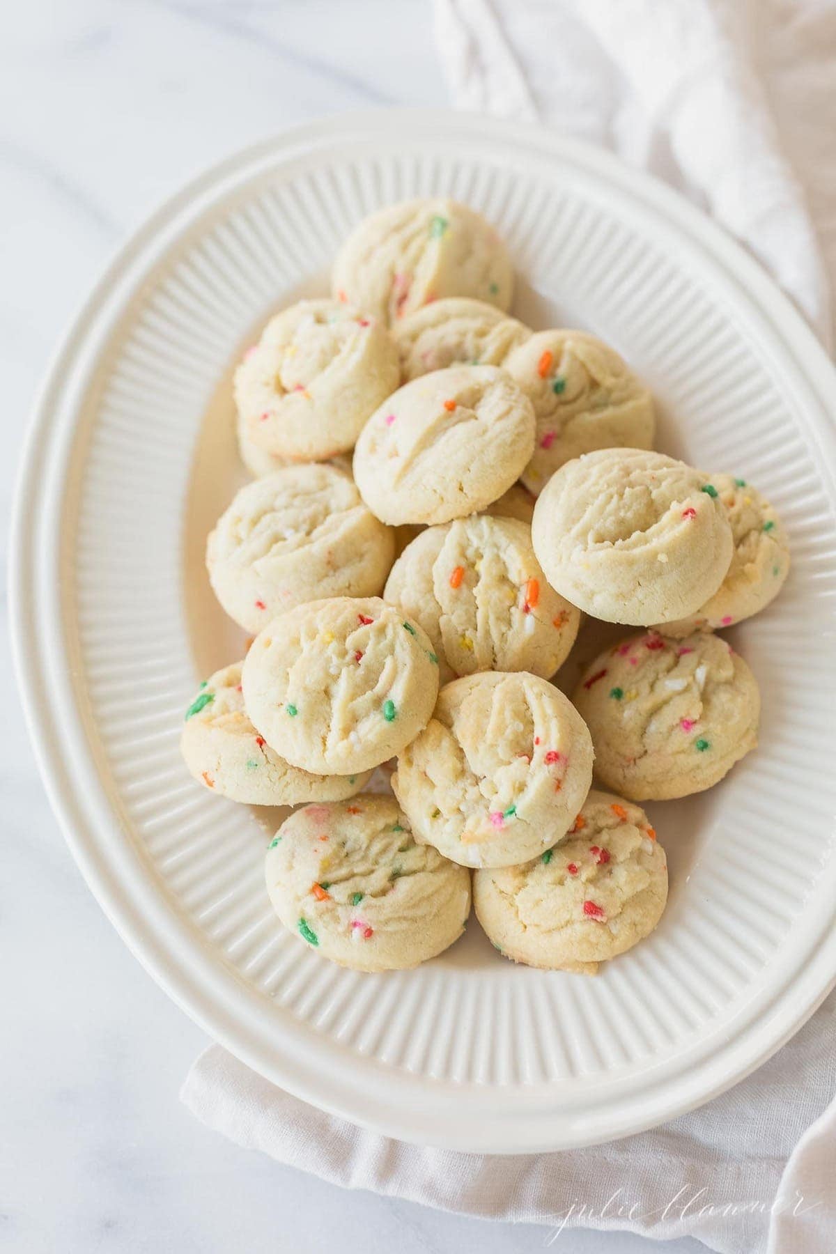 funfetti cookies without a cake mix on a white platter
