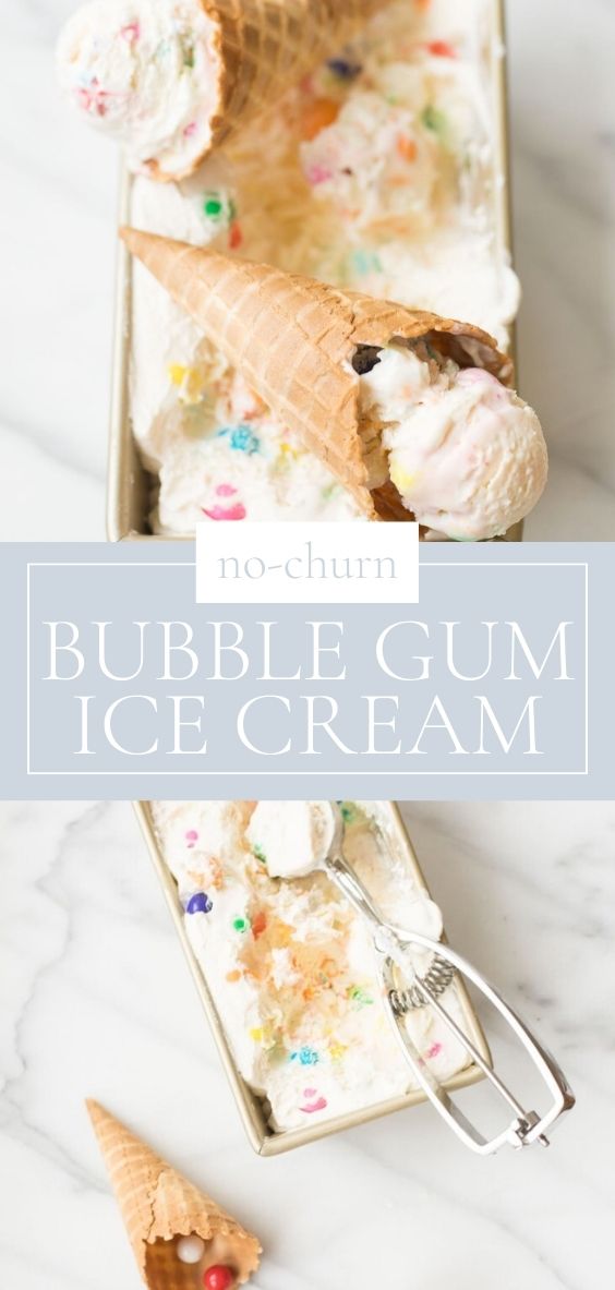 On a marble counter top, a silver container is holding bubble gum ice cream, a cone, and bubble gum.