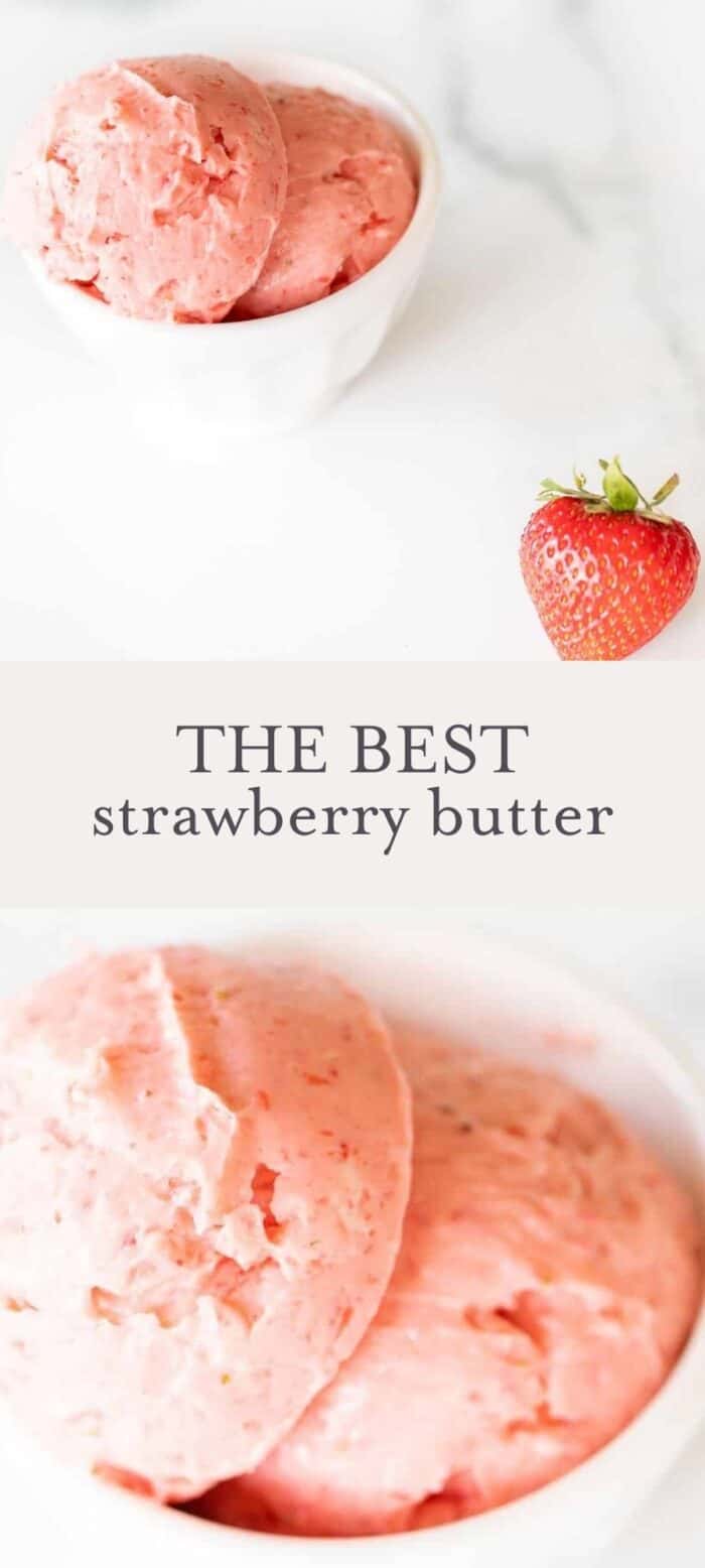strawberry butter in down on marbled counter with whole strawberry, overlay text, close up of strawberry butter