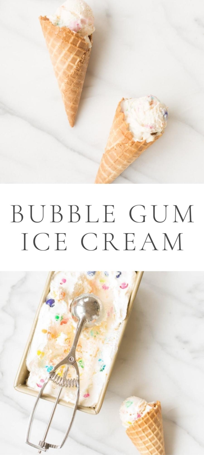 bubble gum ice cream in cones and in bowl with silver scoop