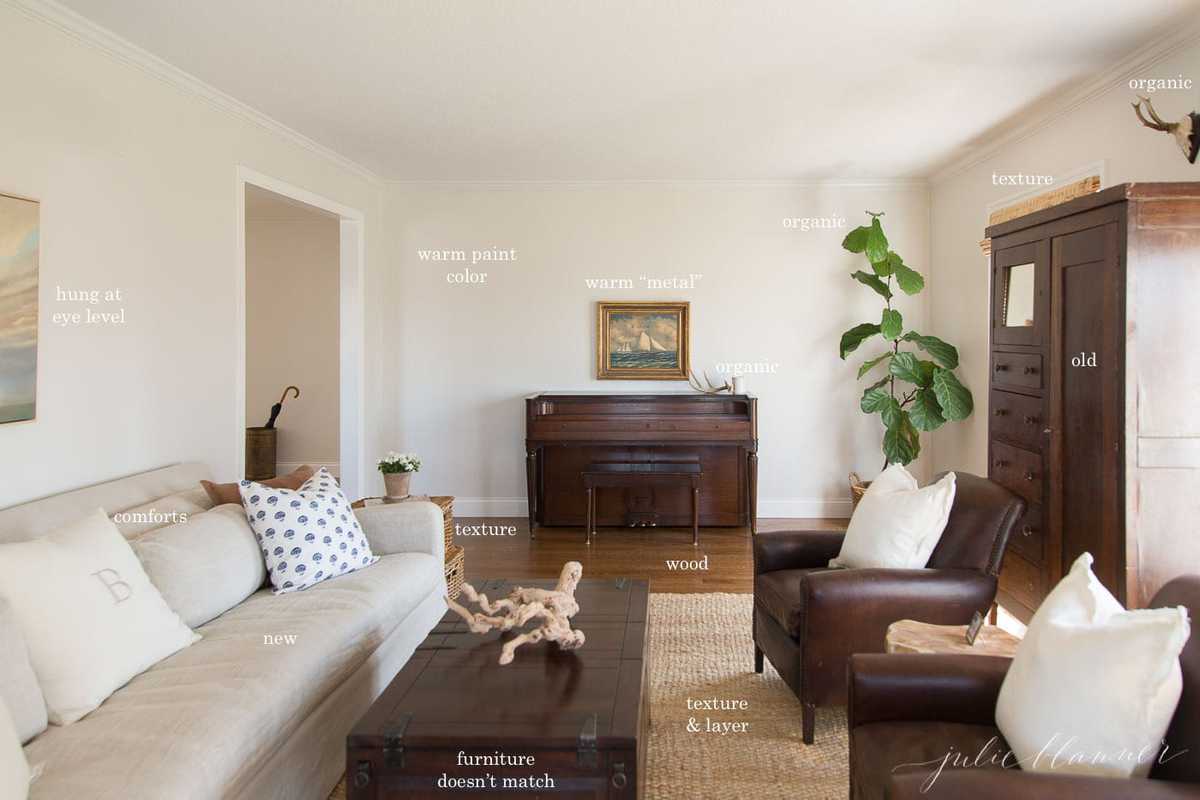 A warm and cozy living room with neutral colors, wood accents and organic textures.