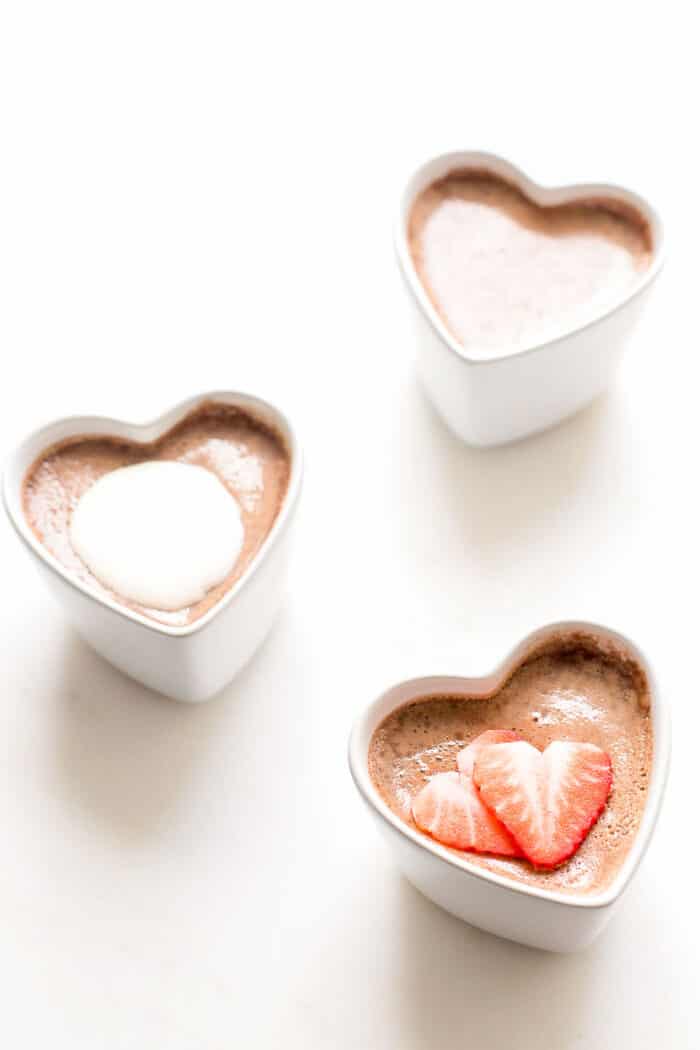 3 chocolate pots de crème in heart shaped ramekins