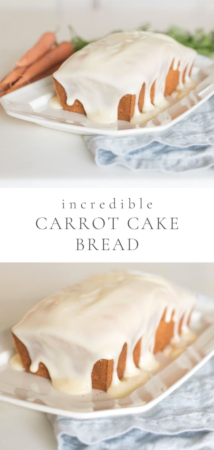 carrot cake bread is frosted and served on a white plate with carrots and a blue napkin in the background.