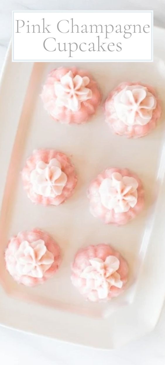 pink champagne cupcakes on a white platter