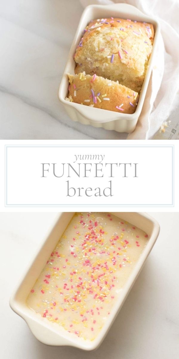 Top photo is a white loaf pan containing baked funfetti bread. The bottom photo is a white loaf pan of funfetti bread unbaked dough.